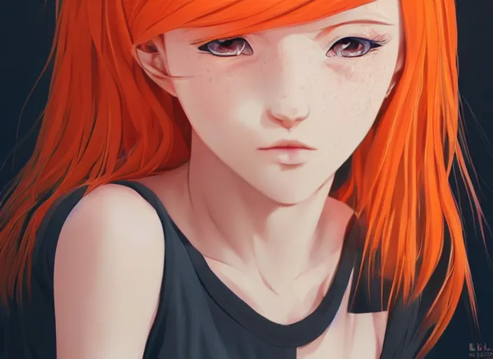 Prompt: portrait Anime girl with orange hair and freckles, cute-fine-face, white-hair pretty face, realistic shaded Perfect face, fine details. Anime. realistic shaded lighting by (((Ilya Kuvshinov)))