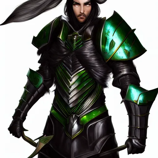 Prompt: male with black hair and green eyes wearing paladin armor, realistic, detailed eyes, detailed, 4k, illustration, muscle, handsome, fantasy