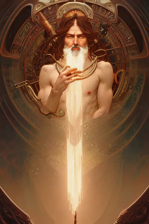 Image similar to highly detailed portrait of god zeus, alphonse mucha, stephen bliss, unreal engine, fantasy art by greg rutkowski, rhads, ferdinand knab, makoto shinkai and lois van baarle, ilya kuvshinov, rossdraws, tom bagshaw, global illumination, radiant light, detailed and intricate environment, steampunk