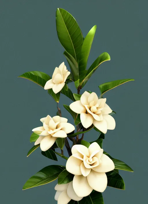 Prompt: an isolated gardenia plant, full view, centered, 3 d render, art nouveau dark outlines, ultra realistic, masked transparent flat background, popular on sketchfab, pixelsquid, 8 k, volumetric lighting, super focused, no blur, trending on artstation, octane render, ultra detailed, hyperrealistic, by artgerm and greg rutkowski and alphonse mucha