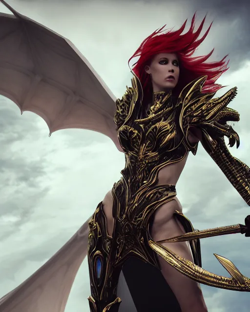 Prompt: red - haired final fantasy white marble egyptian melania trump slaying a dragon, warframe armor, regal, attractive, ornate, sultry, sexy, beautiful, elize theron, pretty face, green eyes, scifi platform, 4 k, ultra realistic, epic lighting, illuminated, cinematic, black gold, art by alexandra petruk, voidstar