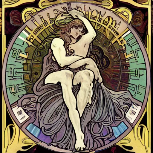 Prompt: prometheus creating humans in the style of alphonse mucha