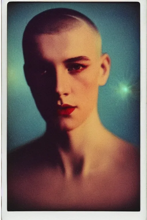 Prompt: vintage polaroid analog photo of a beautiful gay man with a buzzcut, full lips, makeup, warm azure tones, heavy lensflare, color bleed, film grain, depth of field, jules bastien - lepage, rudolph belarski, johfra bosschart, alexandre cabanel