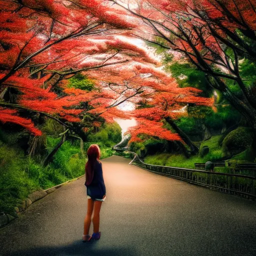 Image similar to a beautiful photograph of a girl with japan landscape in the background with trees, hdr, 8 k, high quality, sharp focus, artstation, highly detailed, award - winning, dramatic lighting, beautiful clouds, and nature