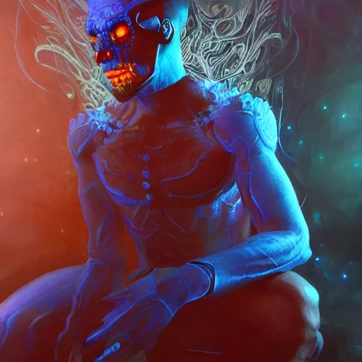 Image similar to singularity blue demon seated, with high tech body interface. iridescent textures. highly detailed fantasy science fiction painting. highly detailed fantasy science fiction painting by vrubel and chris cunningham. smoke and light glow. dark. artstation