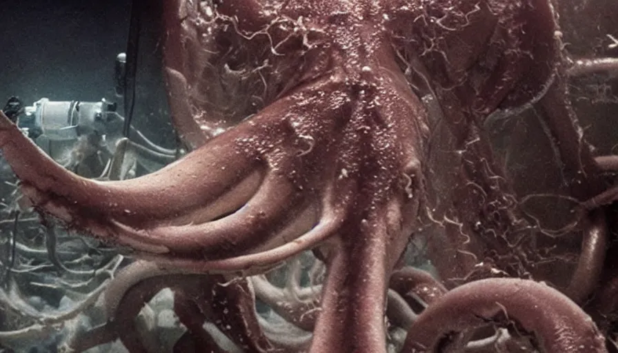 Prompt: Big budget horror movie where a giant squid is injected with radioactive mutation serum