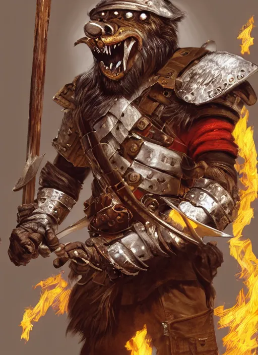 Image similar to photorealistic bugbear ranger holding sword on fire, magic, black beard, dungeons and dragons, pathfinder, roleplaying game art, hunters gear, jeweled ornate leather and steel armour, concept art, character design on white background, by sargent, norman rockwell, makoto shinkai, kim jung giu, artstation trending, poster art, colours red