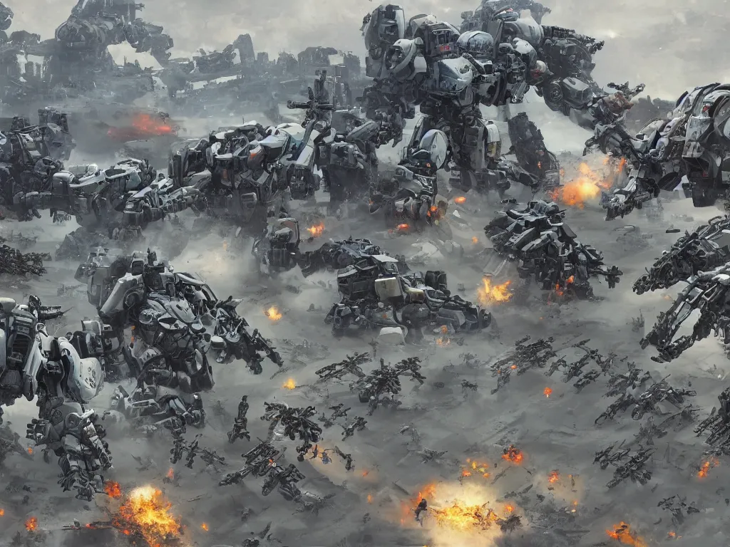 Image similar to ariel view, wide angle view, war mechs fighting, mech battlefield battling, wartorn, desolate gloomy planet, science fiction