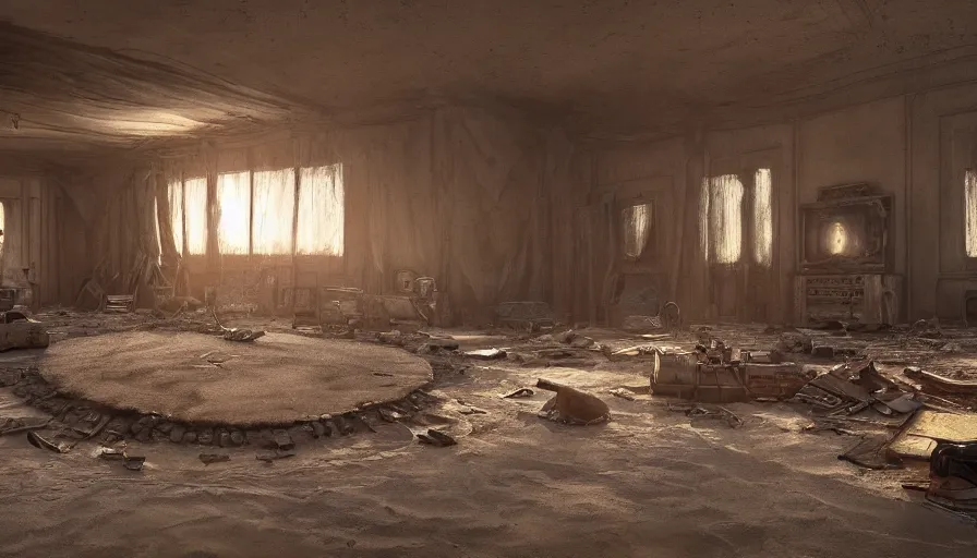 Image similar to interior of destroyed oval office in mad max, movie style, sand floor, hyperdetailed, artstation, cgsociety, 8 k