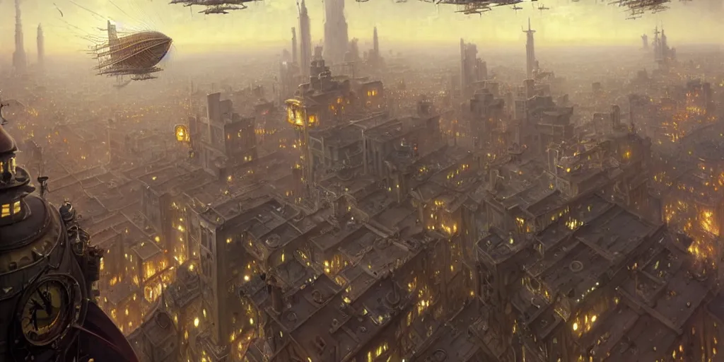 Image similar to steampunk airship above a busy city, exquisite details, denoised, mid view, by norman rockwell, karl kopinski, artsation, greg rutkowski, makoto shinkai, takashi takeuchi, studio ghibli