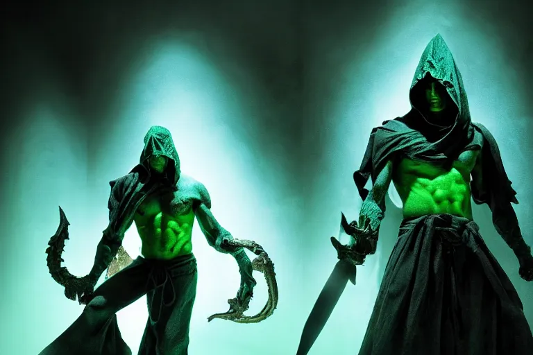 Image similar to vfx film, soul reaver, raziel irl, price of persia movie, missing jaw, hero pose, devouring magic souls, scarf, hood, glowing green soul blade, in epic ancient sacred huge cave temple, flat color profile low - key lighting award winning photography arri alexa cinematography, hyper real photorealistic cinematic beautiful, atmospheric cool colorgrade