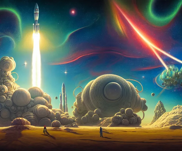 Image similar to hyper detailed 3d render like a Oil painting - people cheer at a spaceport on a beautiful faraway planet as a rocket blasts off, large gas giant in the dramatic nebula-filled alien sky, retrofuturistic science fiction vibe, by Jacek Yerka, Mariusz Lewandowski, Houdini algorithmic generative render, Abstract brush strokes, Masterpiece, Edward Hopper and James Gilleard, Zdzislaw Beksinski, Mark Ryden, Wolfgang Lettl, hints of Yayoi Kasuma, octane render, 8k, wide angle shot