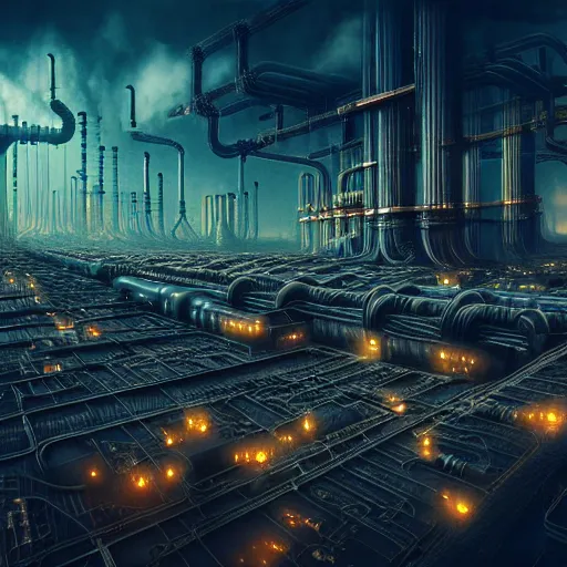 Image similar to futuristic dystopian endless, intricate, complex, labyrinthine, byzantine, tangled, industrial megafactory complex, smokestacks, pipelines and ducts and vents, matte painting, steampunk, smoke, night, gloomy, dark, dramatic, cinematic, volumetric lighting, gods eye view