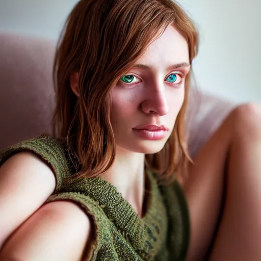 Image similar to intricate beautiful portrait of a cute thin young woman, light bronze brown hair, very detailed emerald green eyes, red blush, light freckles, soft smile, casual clothes, relaxing on the couch, home interior, golden hour, close up shot, 8 k, hyperreal art by irakli nadar, hyperrealism, hyperdetailed, ultra realistic