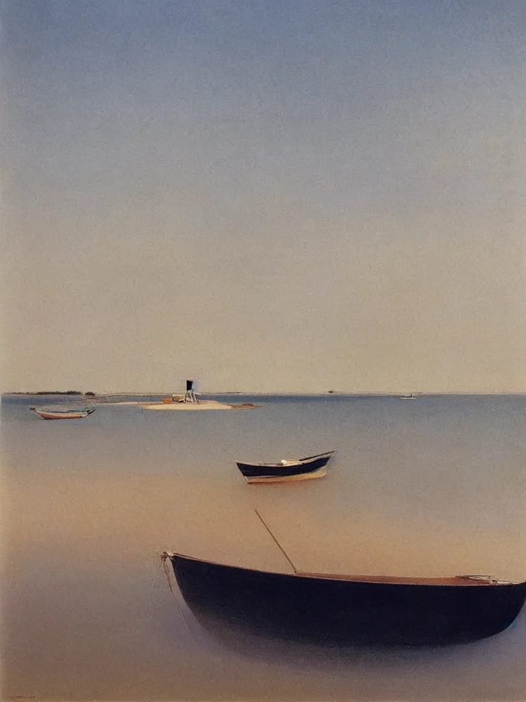 Prompt: a boat in first plan floating on stylized on bassin d'arcachon, a sand dune in the background with the sky above, australian tonalism, pale gradients design, matte drawing, clean and simple design, outrun color palette. a vintage neo retro poster painted by Morandi, Agnes Pelton