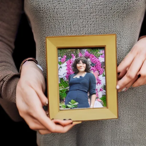 Prompt: a woman holds a framed picture in her hands depicting a flower