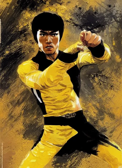 Prompt: bruce lee as a yellow and black stripes luxurious power ranger by greg rutkowski, claude monet, conrad roset, takato yomamoto, rule of thirds, sigma look, beautiful