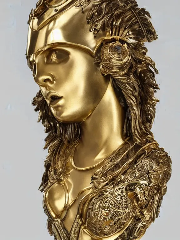 Image similar to a backlit art nouveau marble head and torso sculpture of a worried young millie bobby brown with long, flowing hair, wearing intricate gold plate armor on her chest and an elaborate golden helmet, delicate, intricate, smooth, beautiful, glowing, by charles van der stappen