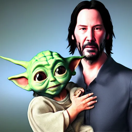 Image similar to keanu reeves holding baby yoda in his arms, matrix, detailed, hyper realistic, 4 k octan render, unreal 5