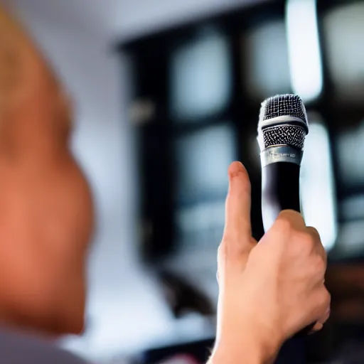 Prompt: a person interviewing a microphone