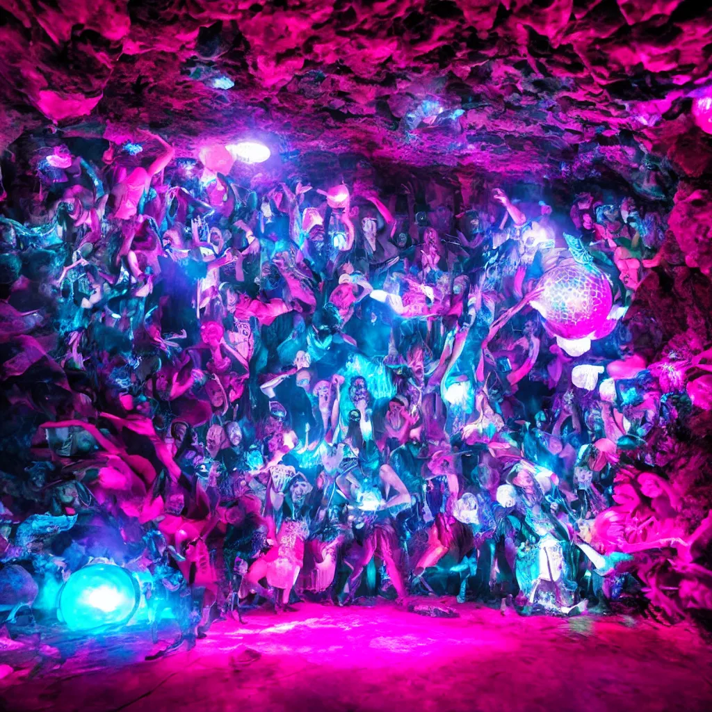 Image similar to cinematic shot of a goth disco nightclub in a cave, sphere made of holographic knives!!! with pink lasers and blue crystals, brutal weapon iconography!!! goth people dancing, 8 k photograph