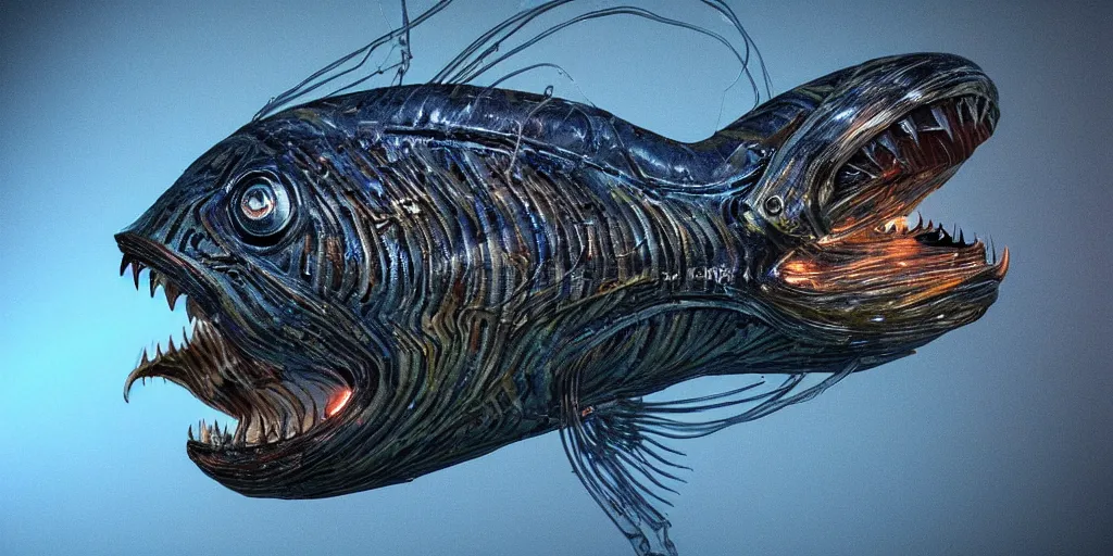 Image similar to angler fish sculpture, stylized layered shapes, long flowing fins, bioluminescent orbs, diffuse lighting, glowing eye, intricate, elegant, highly detailed, lifelike, photorealistic, digital painting, artstation, smooth, sharp focus, art by h r giger