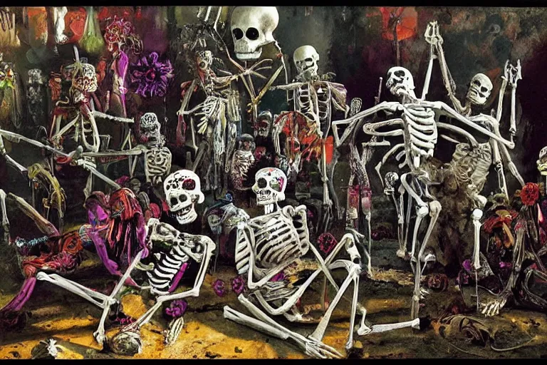 Image similar to scene from spartacus, day of the dead, cyber skeleton, neon painting by otto dix