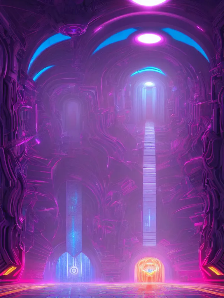 Image similar to symmetrical entrance to mainframe ethereal realm, ai sentient, octane render, symmetrical composition, dreamy colorful cyberpunk colors, 6 point perspective, fantasy landscape with anthropomorphic terrain in the styles of igor morski, jim warren and rob gonsalves, intricate, hyperrealistic, volumetric lighting, neon ambiance, distinct horizon