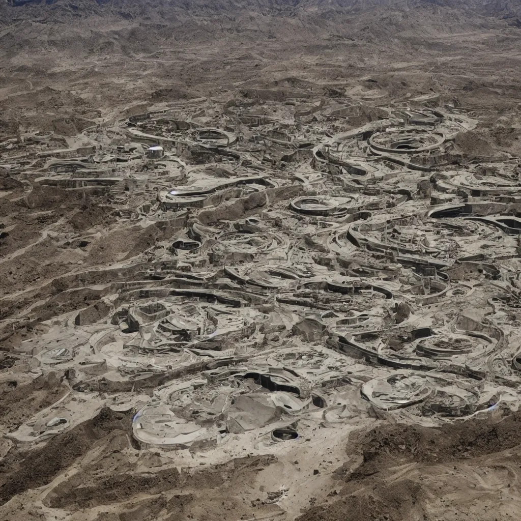 Image similar to neo brutalist herzog & de meuron bioremediation architecture in the mining tailing in the desert