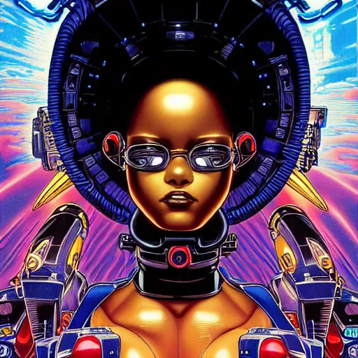 Prompt: portrait closeup of black glossy woman mecha, symmetrical, by yoichi hatakenaka, masamune shirow, josan gonzales and dan mumford, ayami kojima, takato yamamoto, barclay shaw, karol bak, yukito kishiro, moebius