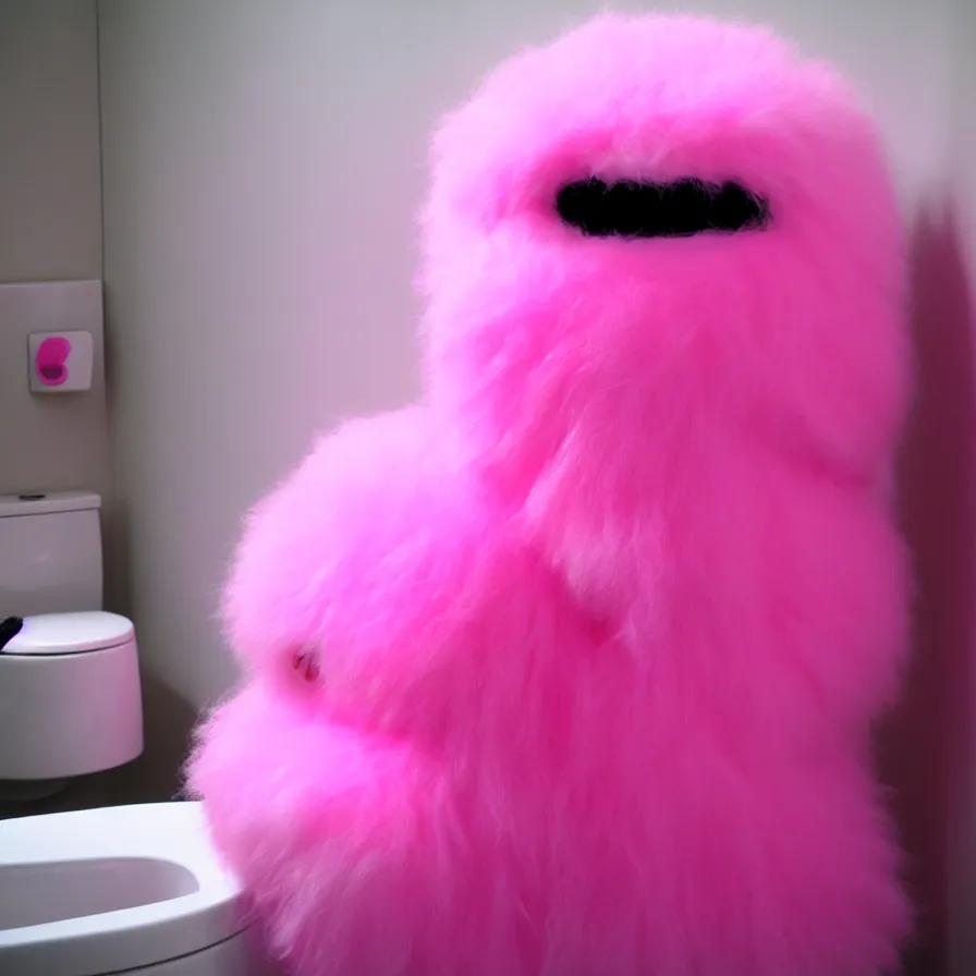 Prompt: fluffy pink toilet monster