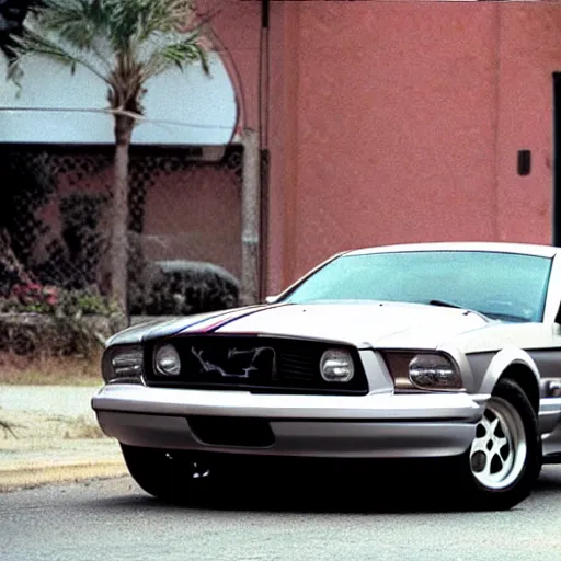 Prompt: a mustang parked by the street, 1990s