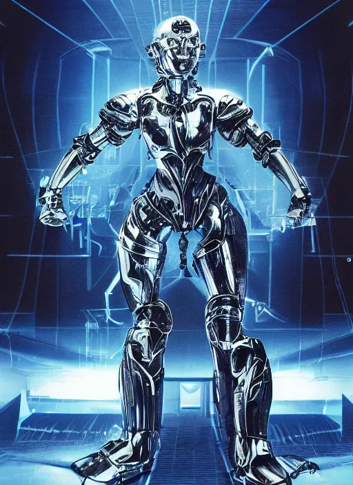 Image similar to cyberknight - complex and hyperdetailed technical suit design. reflection and dispersion materials. rays and dispersion of light. volumetric light. f / 3 2. noise film photo. flash photography. ultra realistic, 5 0 mm. poster by wayne barlowe, hajime sorayama aaron horkey, craig mullins