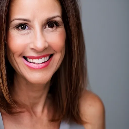 Prompt: professional headshot of an elegant female actress in her 4 0 s smiling widely at the camera. high resolution, nikon camera 8 k