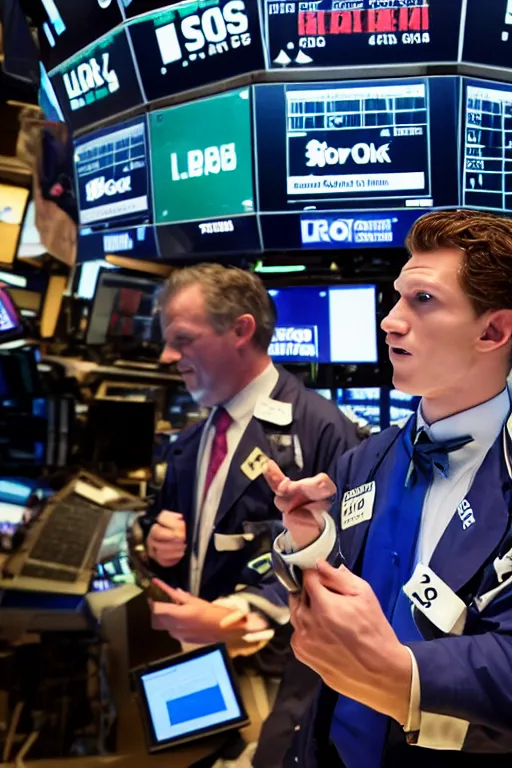 Image similar to tom holland rings the opening bell at the new york stock exchange trading floor, 3 5 mm photography, highly detailed, cinematic lighting, 4 k