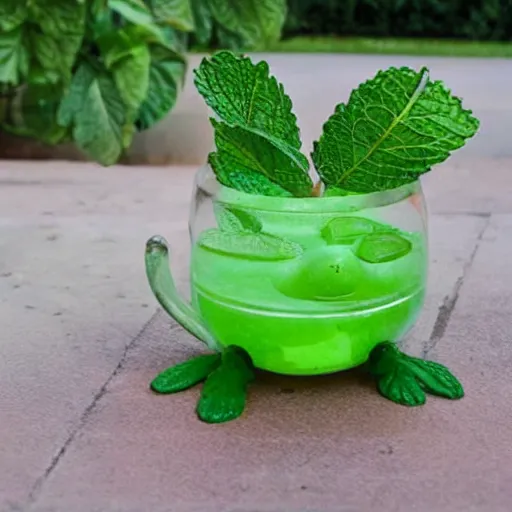 Prompt: Lemonade with mint leaves by a frog-shaped sculpture