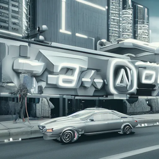 Image similar to sci-fi wall structure logotype and car on the coronation of napoleon painting and digital billboard in the middle, unreal engine 5, keyshot, octane, artstation trending, ultra high detail, ultra realistic, cinematic, 8k, 16k, in style of zaha hadid, in plastic, dark, tilt shift,