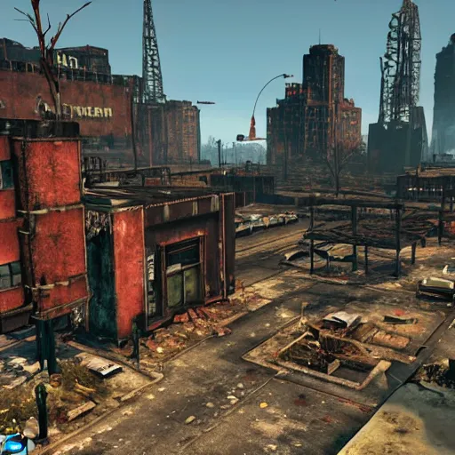 Prompt: New York in ruins post-nuclear war in Fallout 4, in game screenshot