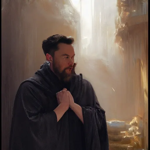 Image similar to detailed realistic cinematic wide shot of beautiful attractive young elon musk with beard tech man wearing black bath robe slim face symettrical face clean skin black eyes black robe smooth, sharp focus, ultra realistic, spring light, painting by gaston bussiere, craig mullins, j. c. leyendecker