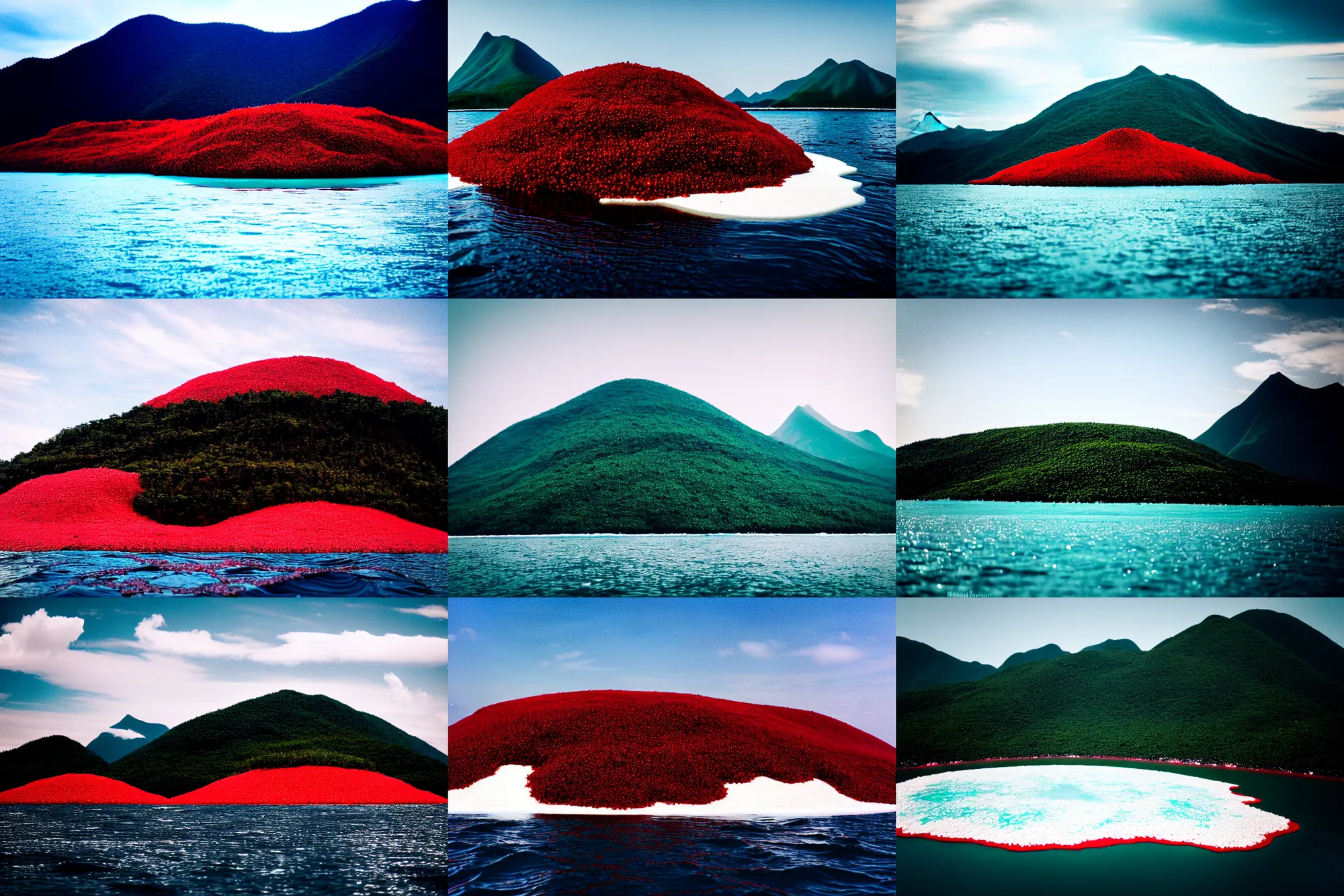 Prompt: an island made of red caviar, in the center of the island there are mountains made of white ice cream, the water around this island is made of coca - cola ( dark brown water ), the photo was taken from a boat, 3 5 mm, cinematic