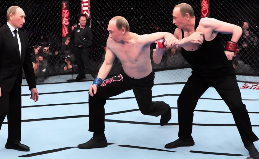 Prompt: Elon musk fighting Vladimir Putin in the MMA octagon, cinematic shot