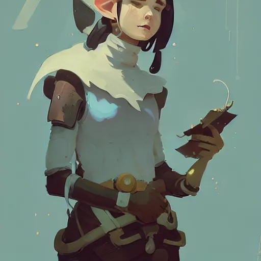 Image similar to portrait of elf artificer by atey ghailan, by greg rutkowski, by simon stalenhag, by greg tocchini, by james gilleard, by joe fenton, by kaethe butcher dynamic lighting, gradient light blue, brown, blonde cream and white color scheme, grunge aesthetic