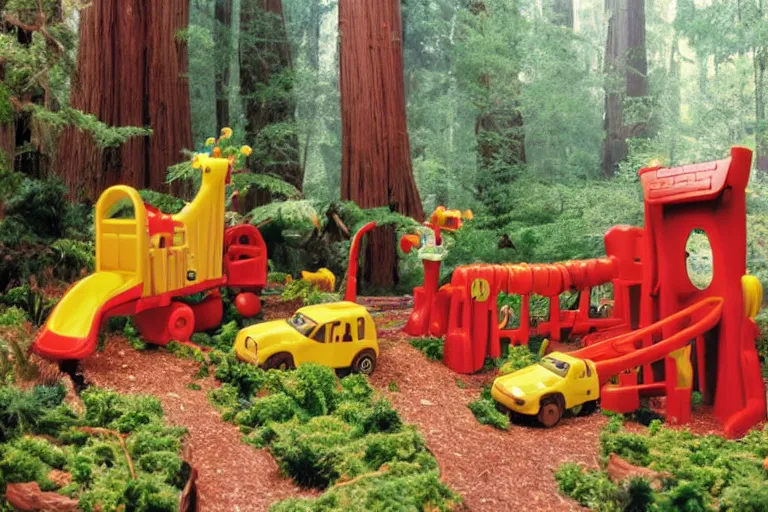 Image similar to fisher - price redwood forest, scene from a ridley scott movie