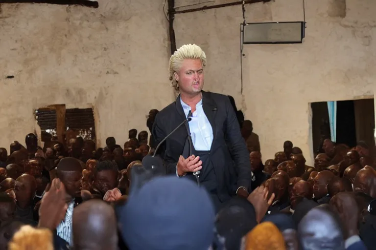 Prompt: african geert wilders speaking to a crowd