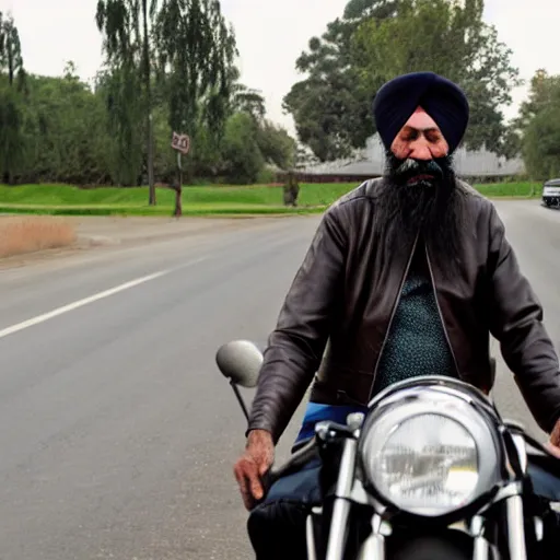Image similar to photograph of an elderly sikh man in a leather jacket, riding a motorcycle