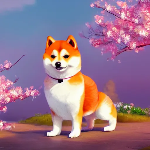 Image similar to a cute fluffy shiba inu plays under the cherry blossom tree, highly detailed, digital painting, artstation, concept art, movie still, smooth, sharp focus uhd 8 k