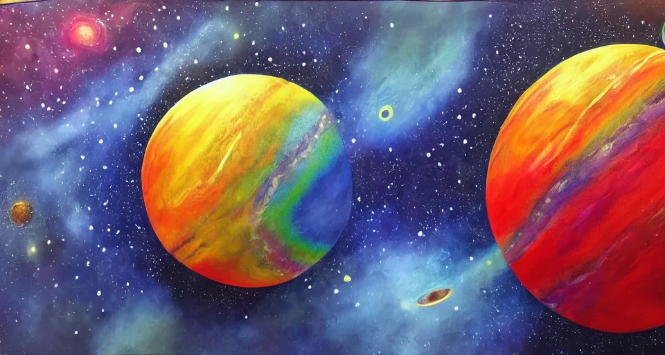 Image similar to award - winning realistic painting of a large planet made of colourful gas, colourful bright stars