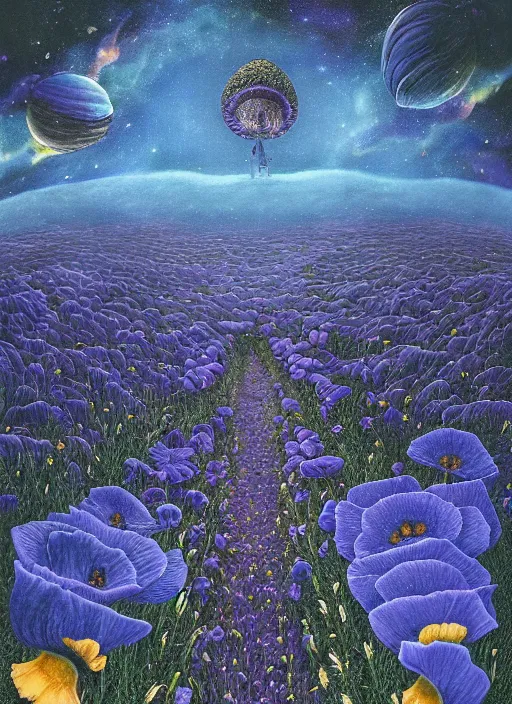 Image similar to detailed, intricate blue black and purple papaverum flower on the field, nebula, galaxy in the sky, winning award masterpiece, fantastically beautiful, illustration, aestheticly inspired, jacek yerka, upscale with anguissola sofonisba work, artstation, 8 k