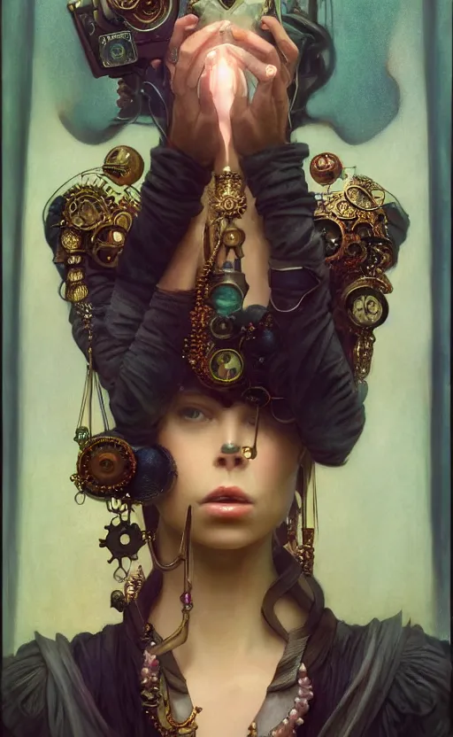 Image similar to hyper realistic photographer taking a picture, magical, gems, jewels, gold, steampunk, cyberpunk utopia, painted by tom bagshaw, mucha, gaston bussiere, craig mullins, j. c. leyendecker 8 k