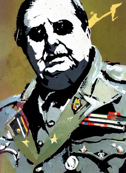 Image similar to pinochet as a cyborg wearing military clothes illustrations by john berkey